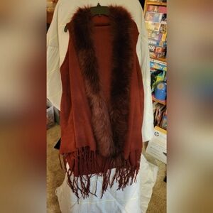 Dark Red Rust Burgundy Felty Fabric Fur   Accented Long Vest Plus One Size Fits